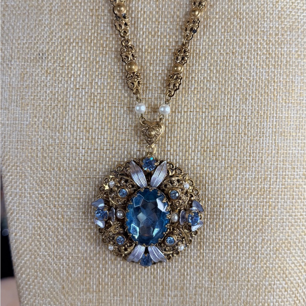 Vintage Western Germany Gold and Blue Pendant Necklace - Picture 3 of 11